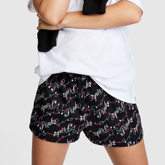 Victoria's Secret PINK Flannel Boxy Pajama Shorts Black Holiday Logo Lights S - Picture 5 of 5